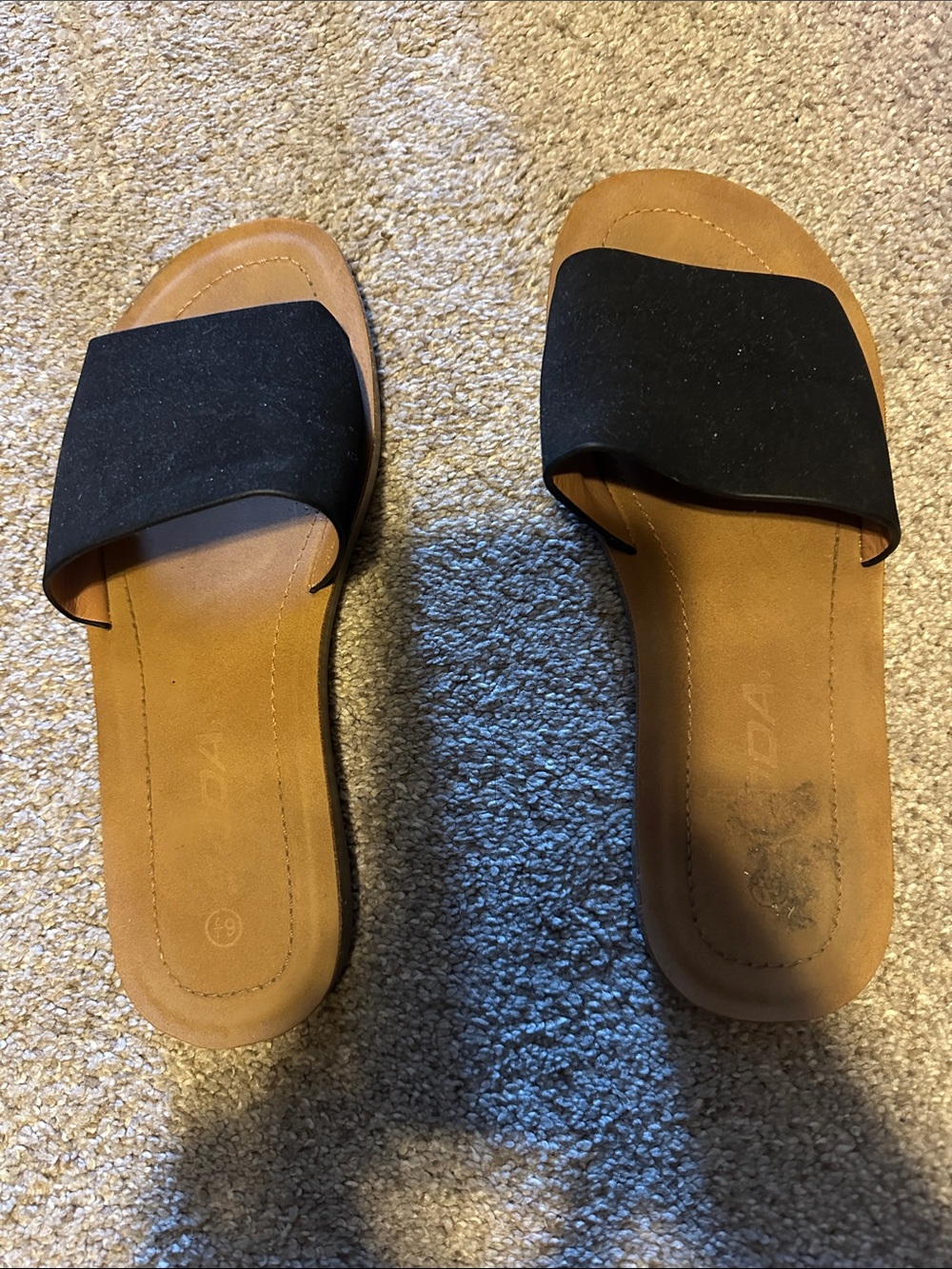 Soda Black Slide Sandals with Tan Footbed